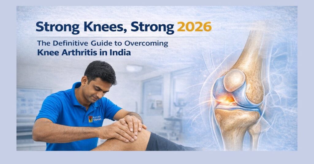 Physiotherapist providing knee arthritis treatment alongside knee joint illustration, representing prevention, rehabilitation, and long-term mobility care in India in 2026.