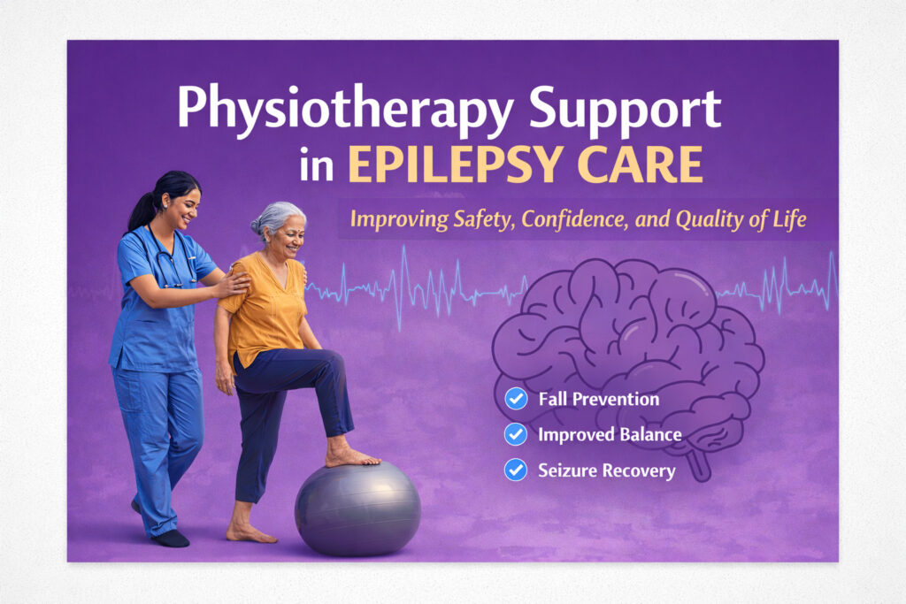 Physiotherapist assisting an elderly woman with balance training on a stability ball, alongside a brain illustration and the headline “Physiotherapy Support in Epilepsy Care – Improving Safety, Confidence, and Quality of Life,” highlighting fall prevention, improved balance, and seizure recovery rehabilitation.