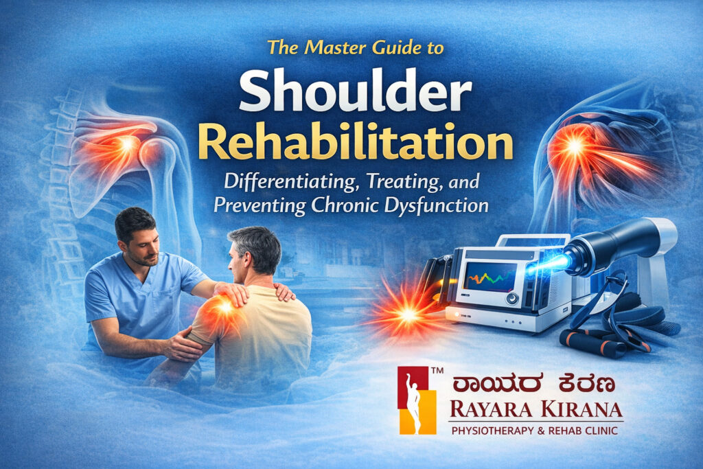 Shoulder rehabilitation banner showing shoulder joint anatomy with highlighted pain area, physiotherapist treating a patient, advanced shockwave and laser therapy equipment, and Rayara Kirana Physiotherapy & Rehab Clinic branding.