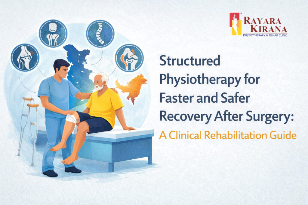 Illustration of a physiotherapist assisting an elderly patient after surgery, representing structured post-surgical physiotherapy and clinical rehabilitation care in India.