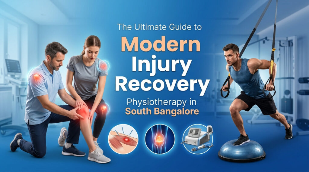 A physiotherapist assisting a young adult patient with knee rehabilitation (highlight knee area with soft red glow