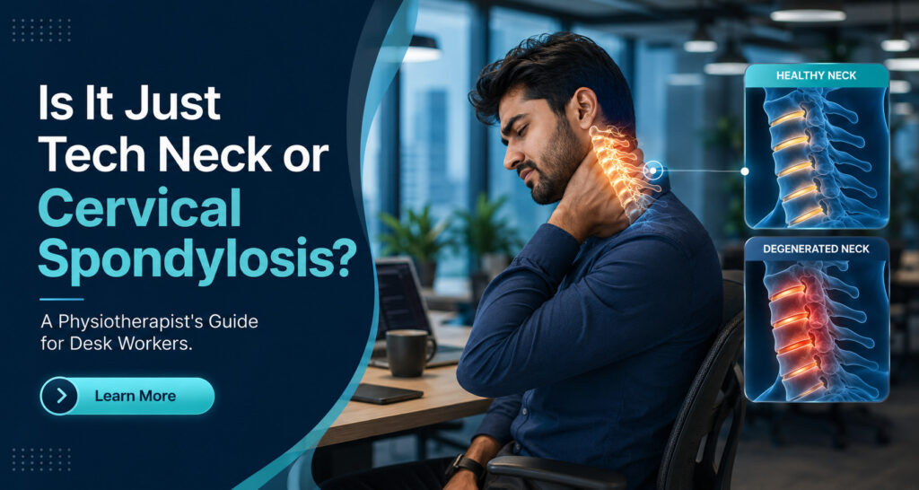 **Alt Text:** *A young office professional sits at an ergonomic desk in a modern corporate workspace, gently holding their neck due to stiffness. A glowing 3D medical illustration overlays the cervical spine, comparing healthy and degenerated vertebrae. The banner includes the headline “Is It Just Tech Neck or Cervical Spondylosis?”, the subheading “A Physiotherapist’s Guide for Desk Workers,” and a “Learn More” button in a clean, clinical blue healthcare design.*