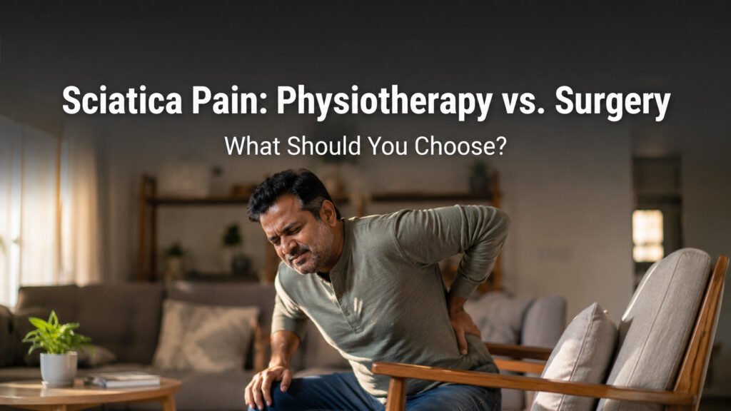 Man experiencing sciatica pain considering physiotherapy vs surgery treatment options