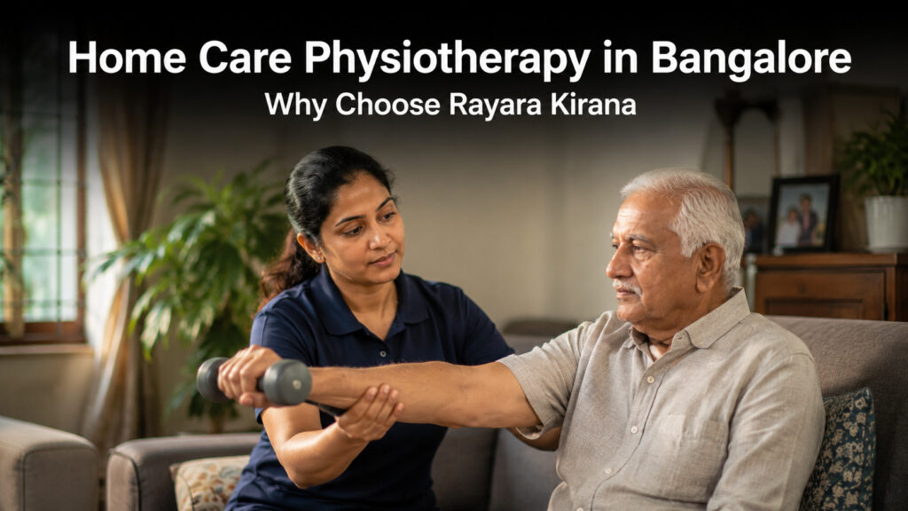 Home Care Physiotherapy in Bangalore: An Indian female physiotherapist assists an elderly man with a guided arm rehabilitation exercise in his home living room, demonstrating personalized home care physiotherapy in a warm, comfortable South Indian home environment.
