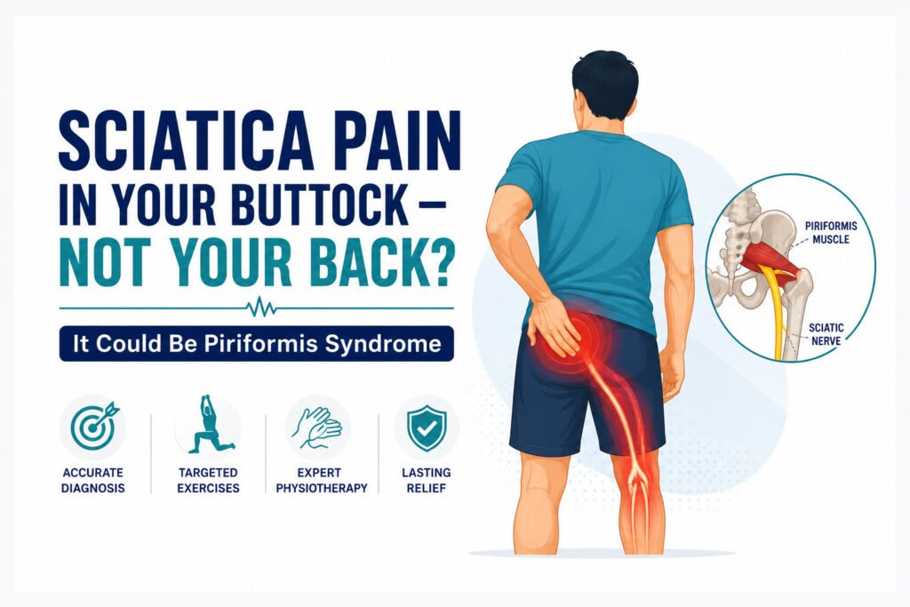 Medical infographic showing a person with deep buttock pain radiating down the leg, highlighting the piriformis muscle and sciatic nerve. Text explains that sciatica pain in the buttock may be caused by piriformis syndrome rather than the lower back.