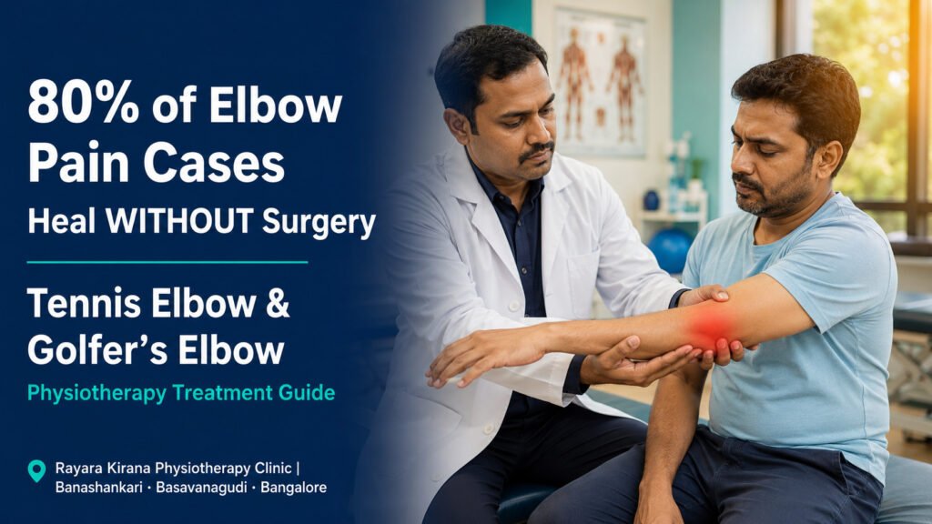eatured image for a physiotherapy blog showing an Indian physiotherapist applying manual therapy to a patient's outer elbow in a modern clinic. A navy blue panel on the left highlights that most elbow pain can heal without surgery and introduces a physiotherapy treatment guide for Tennis Elbow and Golfer's Elbow. The background features a clean, teal-accented treatment room in Bangalore.