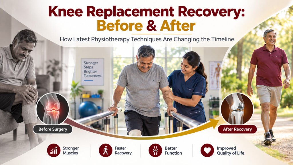 Physiotherapist assisting patient with walking exercise during knee replacement recovery